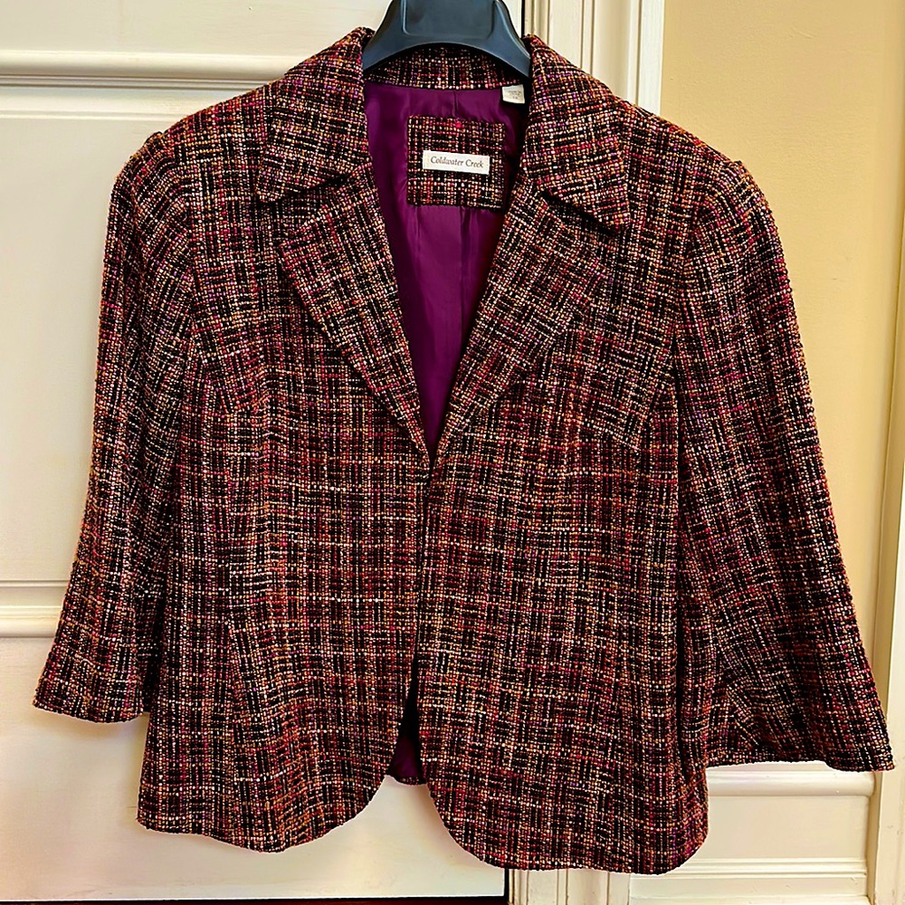 Coldwater Creek Blazer in Plum, Berry & Brown tweed. 3/4 sleeves, Size 16